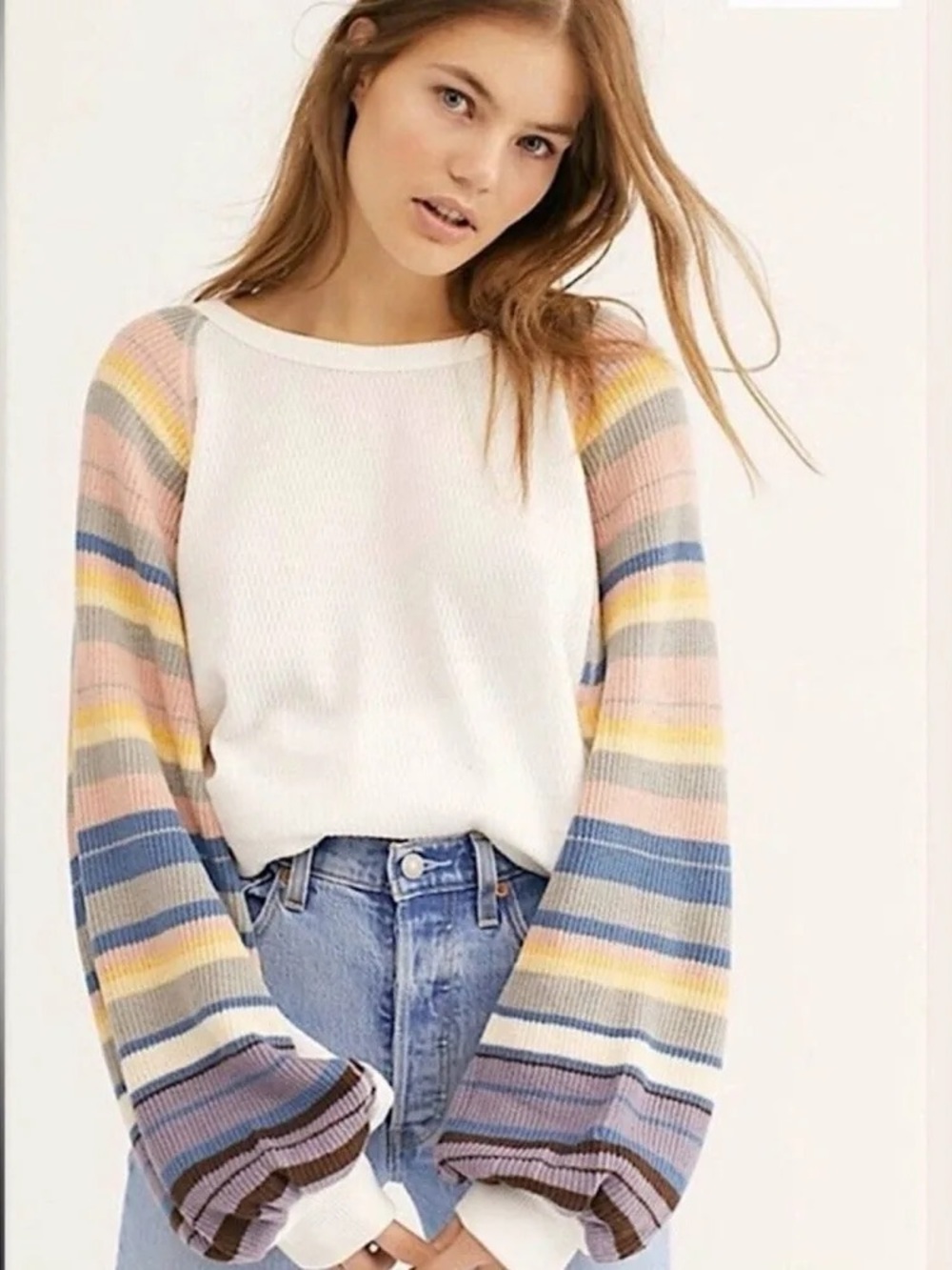 We The Free Pastel-Striped Balloon Sleeve Crew Sweater - White & Pastel Multi